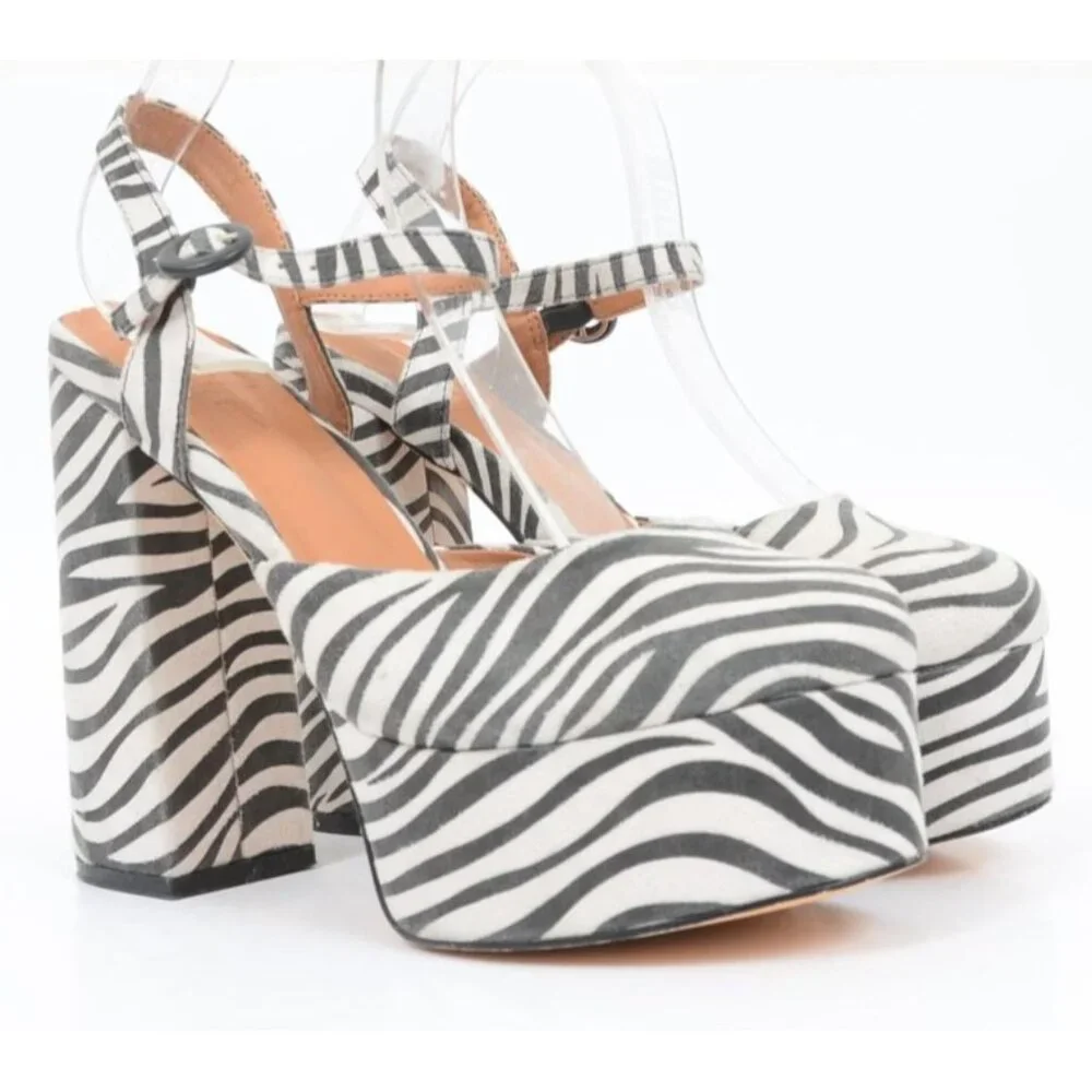 NastyGal Zebra Print Platform Mary Jane Heels UK 5 US 7 Safari Coquette Rave